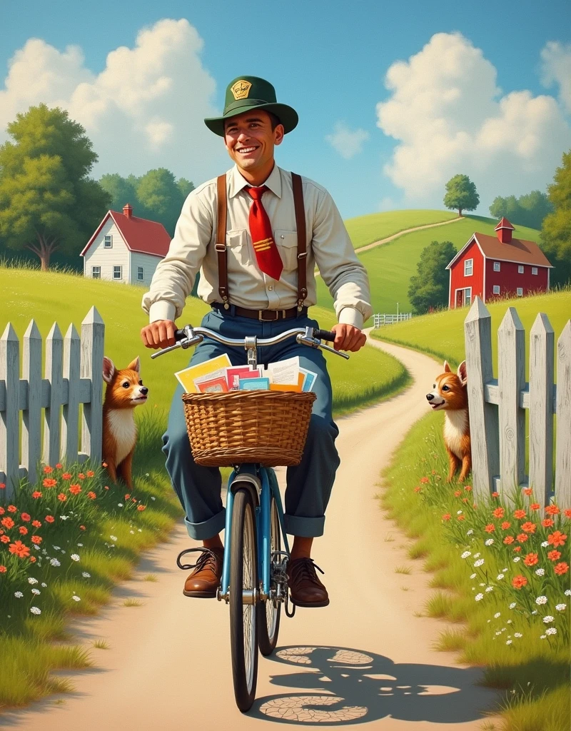 postman delivering by bicycle, good old american landscape painting, somewhat humorous, pastoral, Norman Rockwell style,