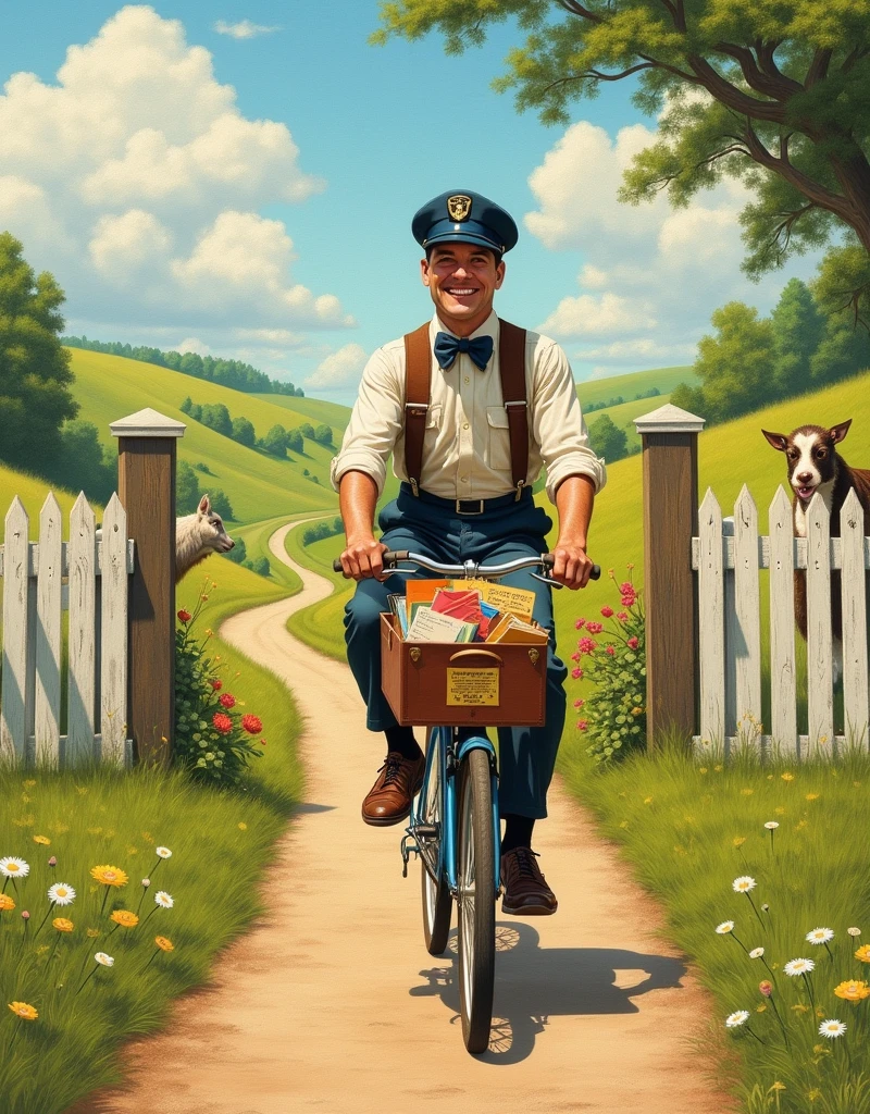 postman delivering by bicycle, good old american landscape painting, somewhat humorous, pastoral, Norman Rockwell style,