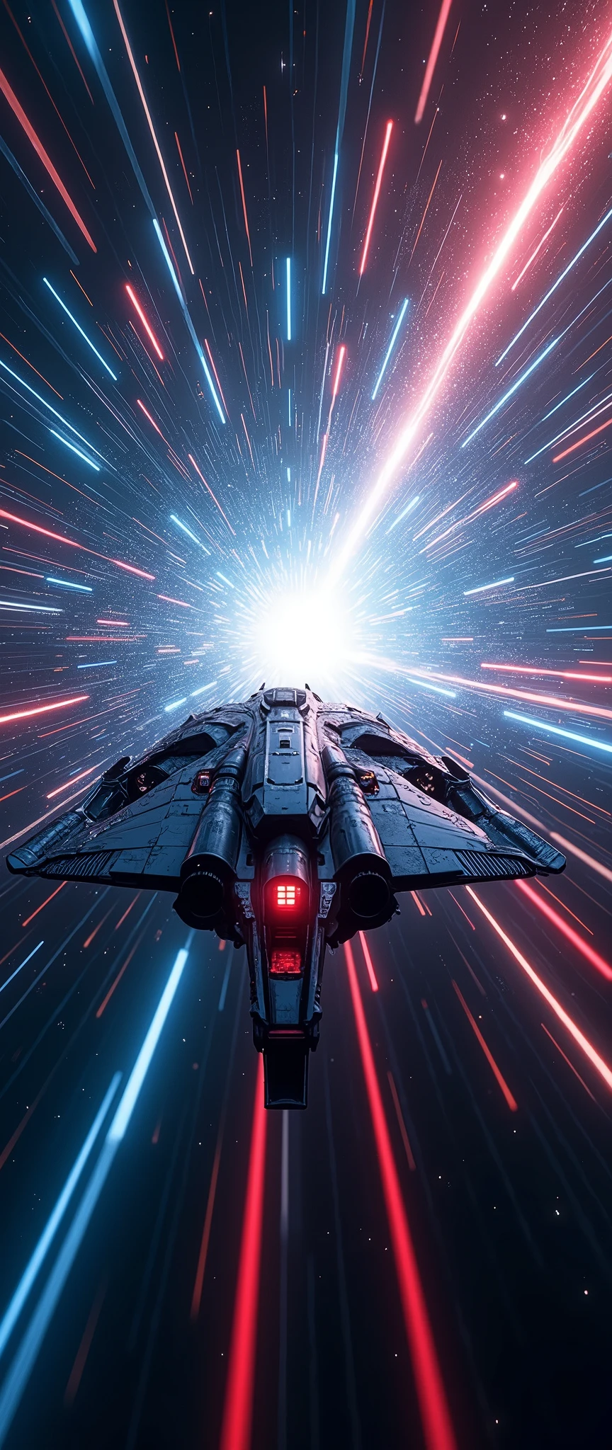 (masterpiece:1.2,Highest quality,Super detailed,Realistic,Ultra-high Resolution Camera),8k,wallpaper,(Hyperspace navigation of an ultra-compact spaceship),(Shot from behind the spaceship:2.0),(Expressing ultra-high speed with beautiful lines of light:2.0),(wormhole),universe space,Magnificent landscape painting,dynamic