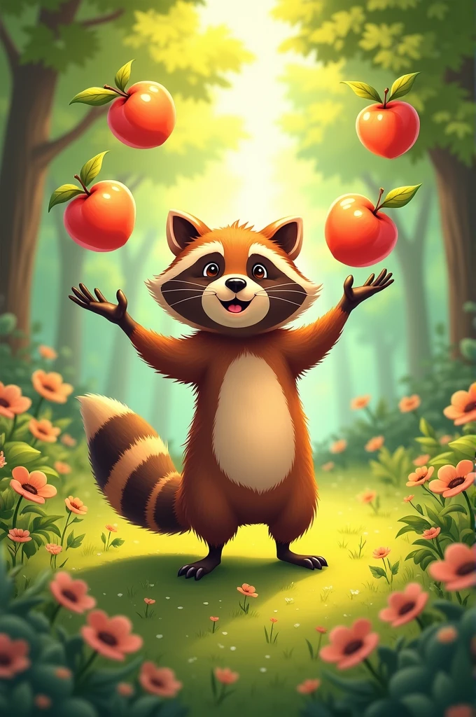 A raccoon is juggling 4 peaches
