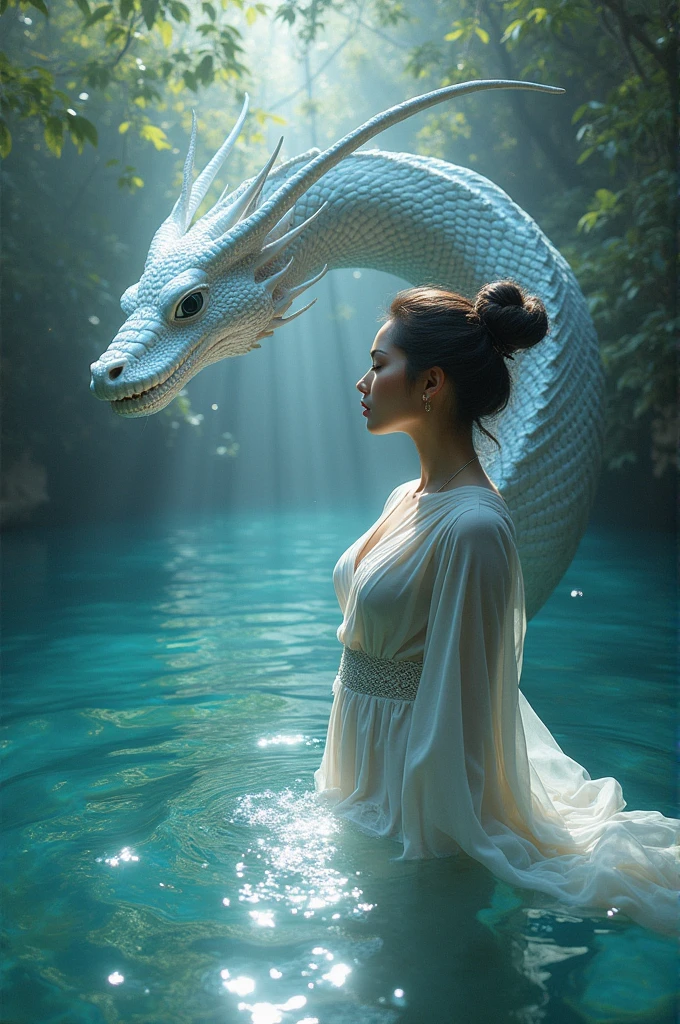 The image is created by a beautiful Plus size Thai woman in the water control section. The white Naga King is a very beautiful light that is very important. The shimmering light around shows the digital oil painting Art which is a beautiful CG point.