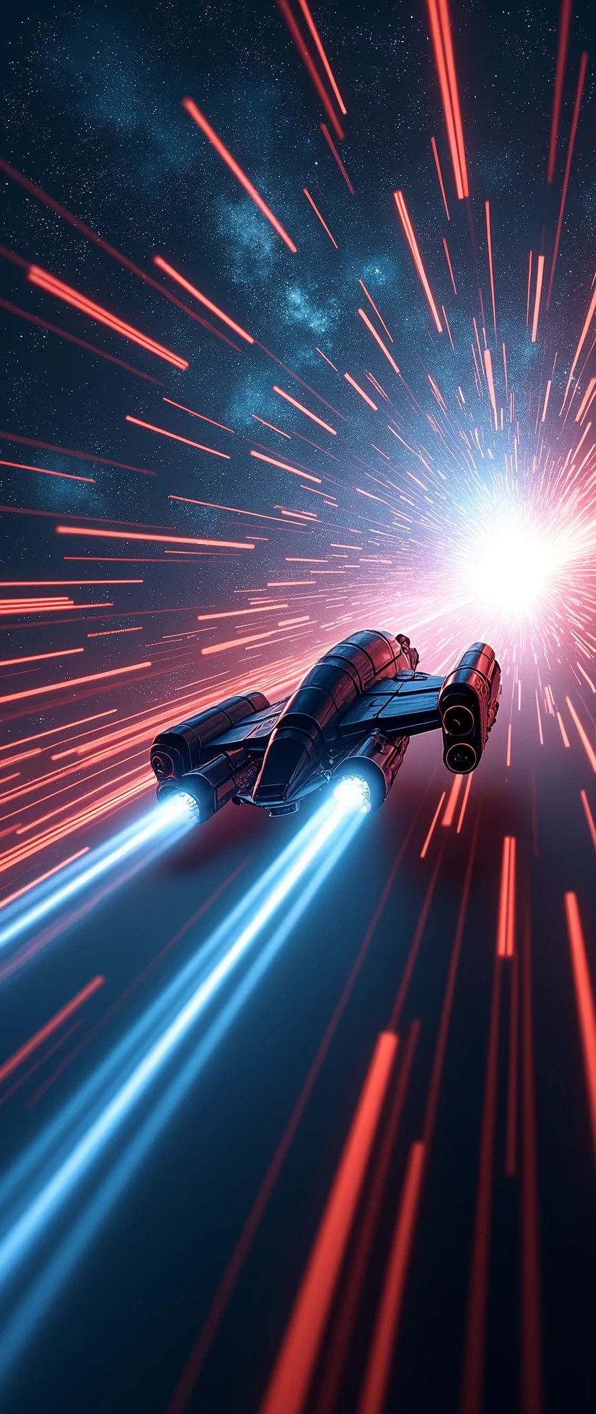 (masterpiece:1.2,Highest quality,Super detailed,Realistic,Ultra-high Resolution Camera),8k,wallpaper,(Hyperspace navigation of an ultra-compact spaceship),(Shot from behind the spaceship:2.0),(Expressing ultra-high speed with beautiful lines of light:2.0),(wormhole),universe space,Magnificent landscape painting,dynamic