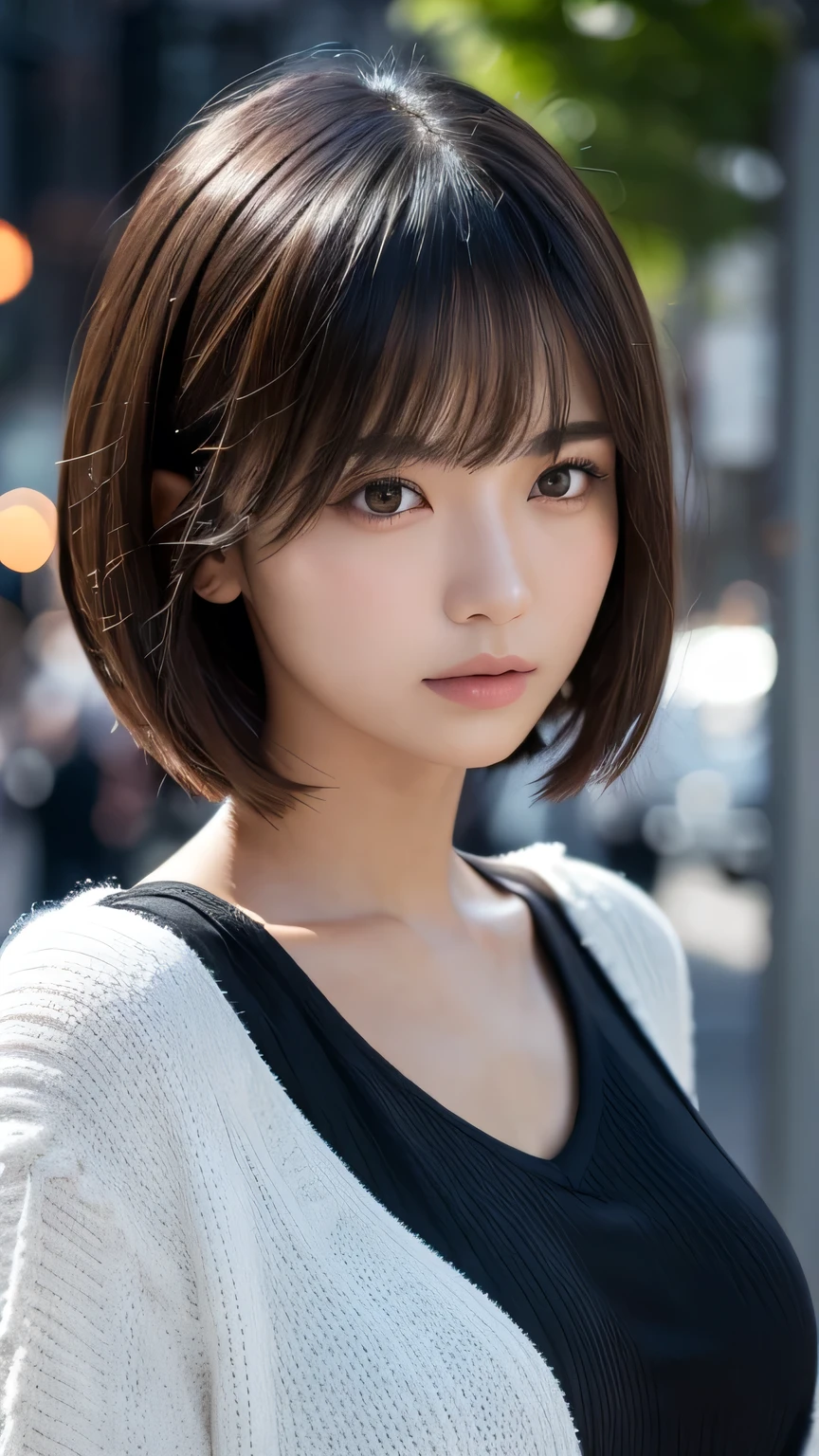 (Ultra-realistic), (figure), (High resolution), (8k), (Very detailed), (Best figure), (Beautiful and detailed), (Highest quality), (Super detailed), (masterpiece), (wallpaper), (Detailed face), alone, One Girl, watching viewer, Trendy clothes,Less exposure、Fine details, Detailed face, In the Dark, Deep Shadow, Modest, Pure Erotic Face Ace_v1, cool, short hair, Pointed diagonal bangs,Aoyama Street