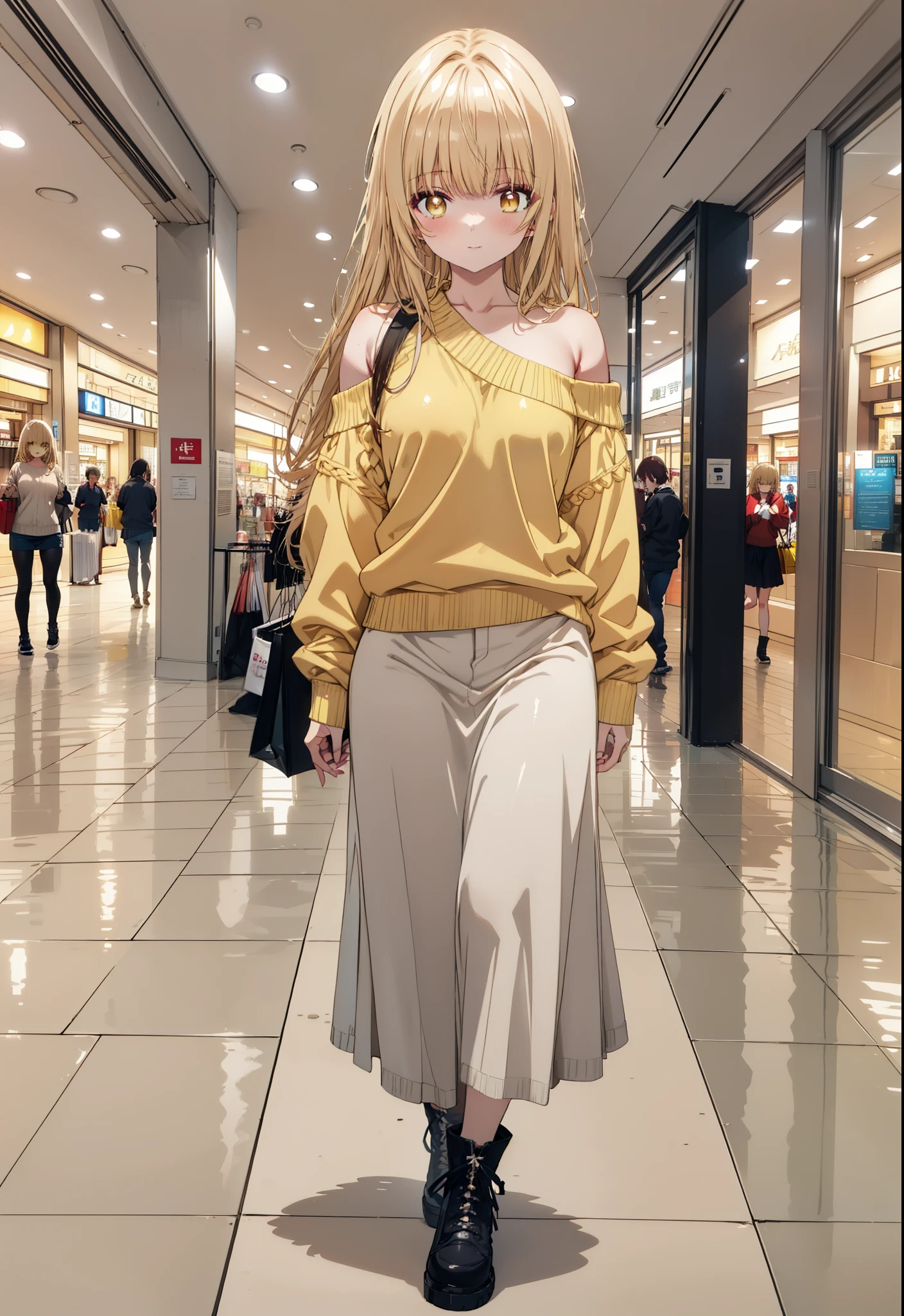 mahirushiina, mahiru shiina, Long Hair, bangs, Blonde, Brown Hair, (Yellow Eyes:1.3), smile,One-shoulder sweater,Long skirt,Black pantyhose,short boots,Walking,whole bodyがイラストに入るように,
break indoors, Shopping mall,
break looking at viewer, whole body,
break (masterpiece:1.2), Highest quality, High resolution, unity 8k wallpaper, (figure:0.8), (Beautiful attention to detail:1.6), Highly detailed face, Perfect lighting, Highly detailed CG, (Perfect hands, Perfect Anatomy),