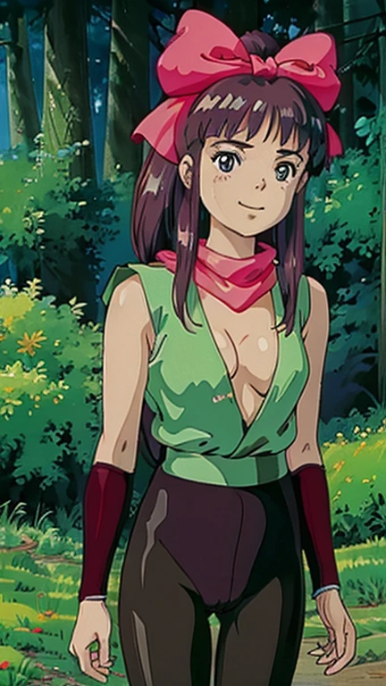 (1girl, solo, highly insanely detailed, masterpiece, top quality, best quality, highres, 4k, 8k, RAW photo),((innocent look)),((Childish)),From the front, symmetrical composition,smile,cute,Innocent,Kind eyes,Flat chest,Hairless vagina, Cameltoe,ghibli style,forest, mikomid, hair bow, scarf, sleeveless shirt, arm guards, pantyhose, cleavage,