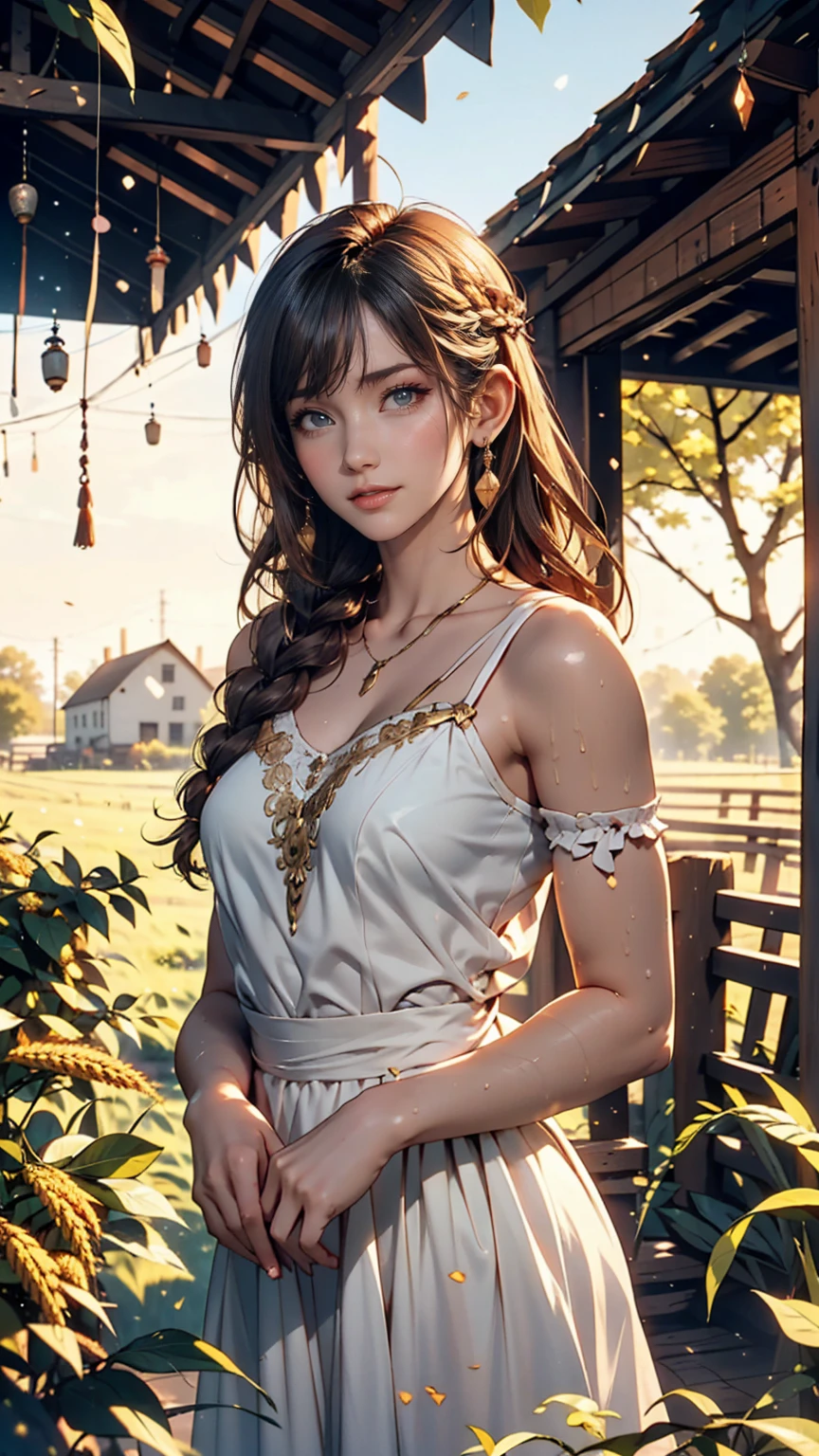 One person, 20-year-old, Tall and attractive, Wearing a cute country dress, Braided hair, Standing on a rural farm. She's gentle, A kind smile and expressive eyes. A charming barn can be seen in the background., Golden wheat fields and clear blue skies. The composition should be bathed in warm golden hour light., The soft depth of field and soft bokeh accentuate the idyllic tranquility.. Capture images that look like they were shot on vintage 35mm film for added impact, movie,