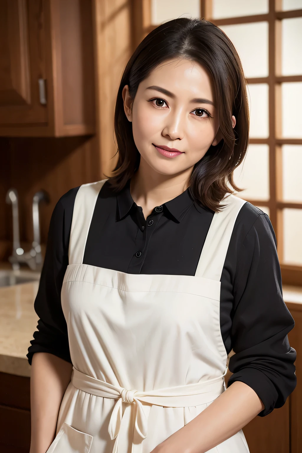 （1970Year代のダウンタウンファクトリー:1.6)、（100Year以上前に建てられた古い建物の一室：1.6）、（Prison Cell：1.6）、（A dimly lit room with only one window：1.6）、（Factory building seen from outside.：1.2）、（I can see a chimney in the distance：1.2）、（Small Office、Old desk、６０Only 1 watt of incandescent light）、（Dim lighting:1.4)、（There is a landline phone on the desk２The table is ready）、（Woman wearing a frilly blouse：1.6）、（All the buttons are fastened：1.6）、Japanese、３８Year、Standard body type、D cup breasts、Short black hair、Thick legs、Hair tied up、笑face、Ultra-high resolution、(photoGenuineistic:1.4)、RAW Photos、Japanese,(face)、Genuine、Highly detailed face and skin texture、Highly detailed lips、The correct state of the human body、Shortcuts、（Dim lighting：1.4）、（cloudy：1.4）、（Dark atmosphere：1.6）、（Night view：1.5）