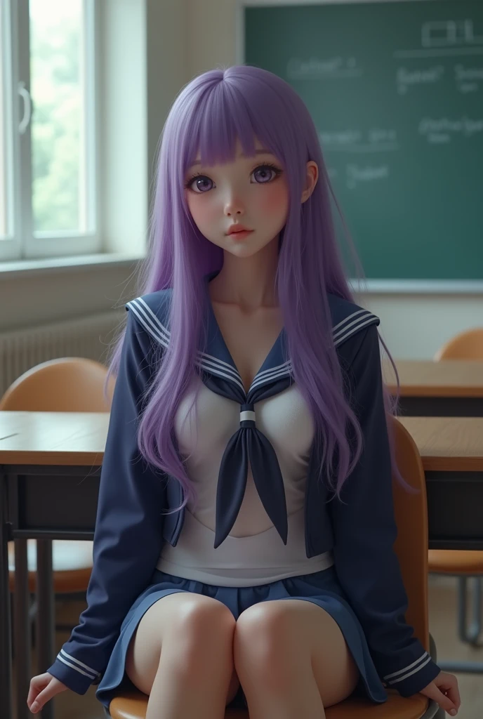A man wearing a sailor suit、Eighteen-year-old young woman with long purple hair sitting in the classroom，spread thighs，exposing her vagina，And big breasts(school 1.5 in the background) (Passionate expression, Cold 1.5) (best quality: 1.1) (masterpiece: 1.3) with an unparalleled masterpiece, Surreal 8K, perfect work of art, Super detailed, best quality, masterpiece 4K wallpaper aesthetics, masterpiece, Award-winning works, official art, movie lighting