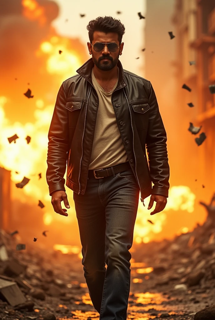 Actor thalapathy vijay walking with a blast happening in the background