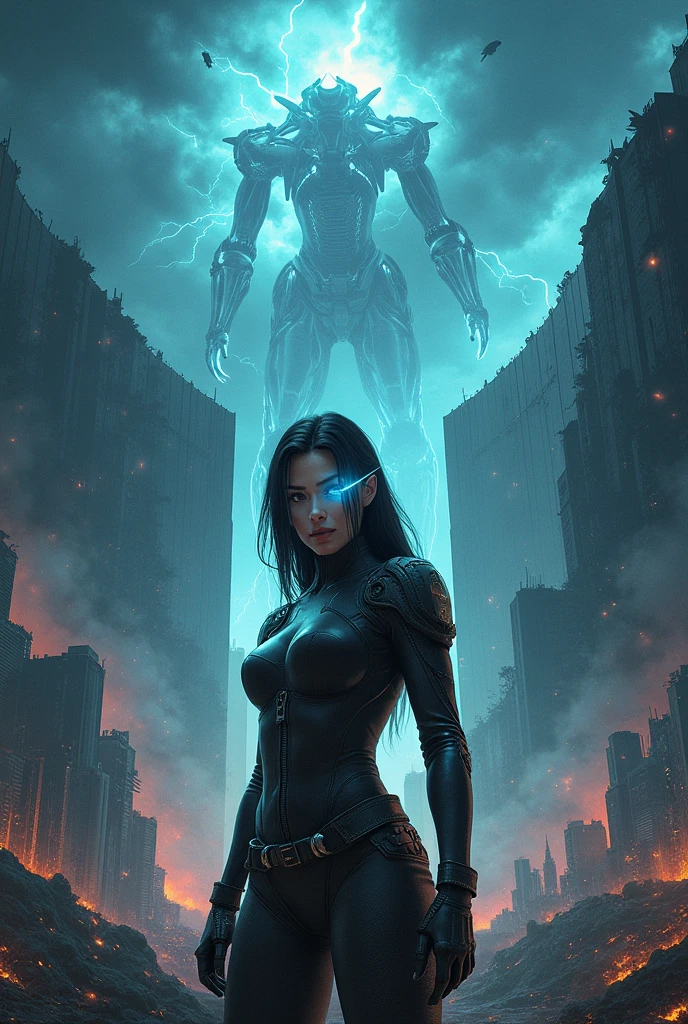 The cover art for "Fractured Worlds" features a strong, determined female protagonist, Nyx Ashford, in the foreground. Her cybernetic eye glows faintly, symbolizing her resilience and technological prowess. Behind her looms the Great Wall, an immense, alien barrier that divides the planet. One side of the Wall shows a dystopian cityscape in ruins, while the other reveals a mysterious, alien landscape shrouded in eerie shadows. The sky above is dark and turbulent, with ghostly alien ships  visible. The title "Fractured Worlds" is bold and futuristic, positioned prominently at the top, reflecting the novel's sci-fi themes.