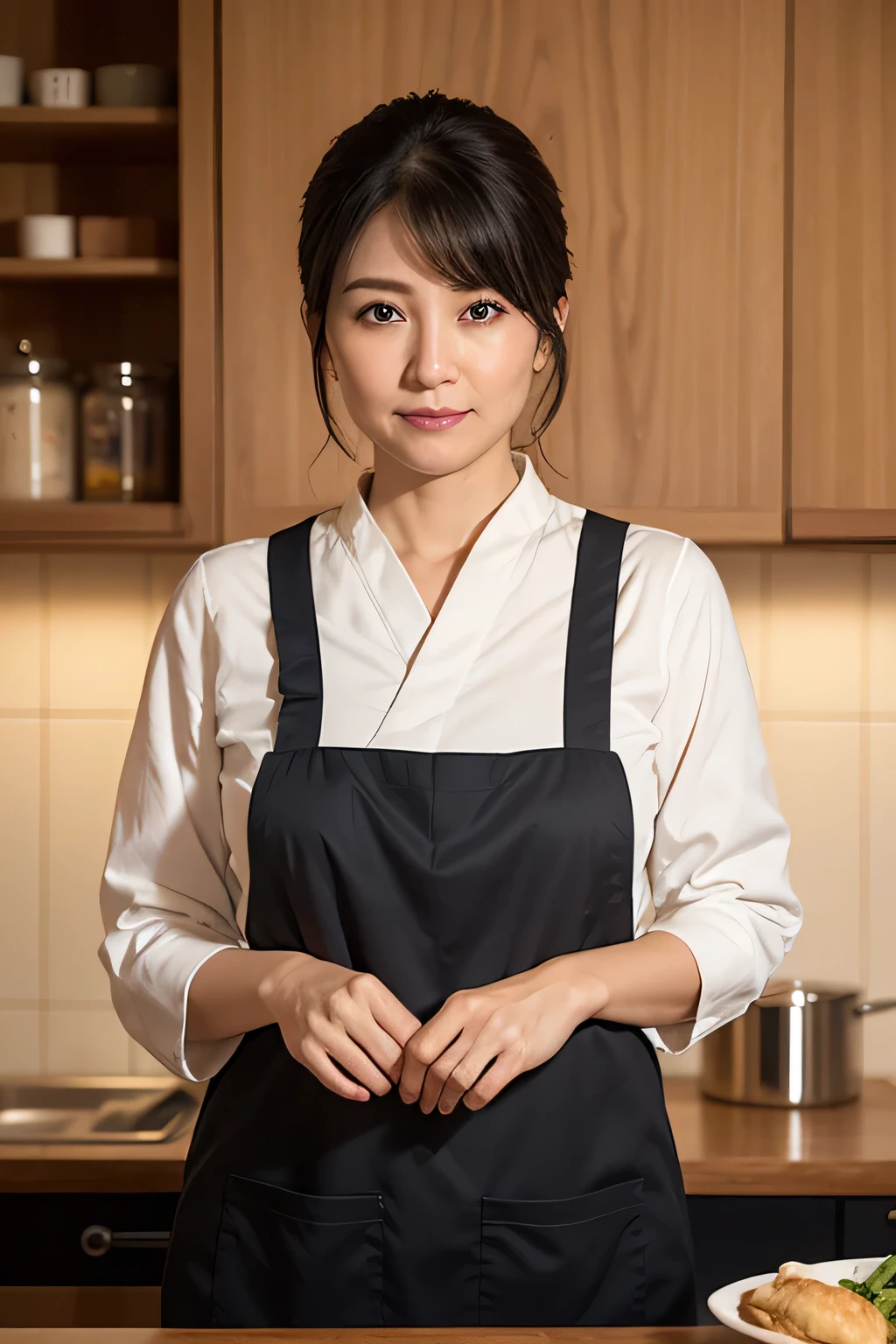 (In 8K, Highest quality, masterpiece:1.2), (Realistic, Photorealistic:1.37), Ultra-detailed, Natural light, , 1 person, 45-year-old woman, Black Hair, pendant, White apron、Izakaya、Less exposure, Highly detailed face and skin, Detailed eyes, Highly detailed face and skin、Take a full-body photo、color々A pose、dusk、Pensive