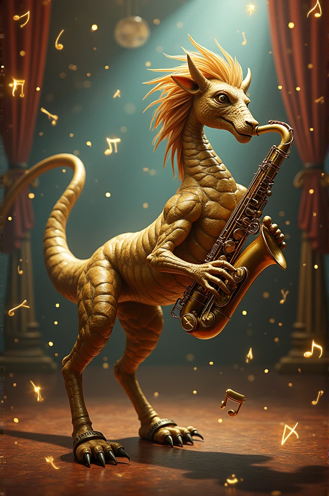 A chimera with head of sax, body trombone, feet tuba and other brass instruments