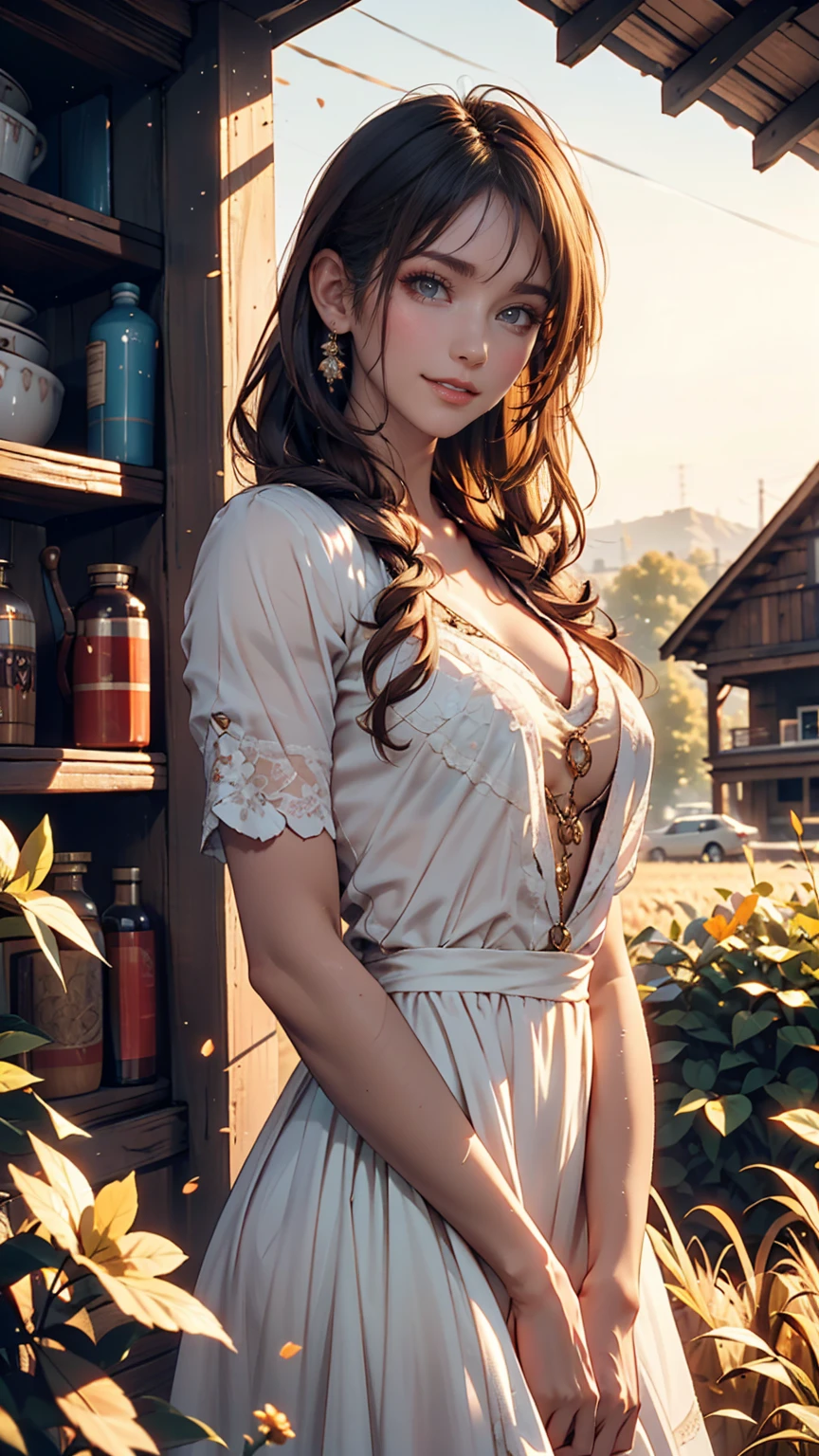 One person, 20-year-old, Tall and attractive, Wearing a cute country dress, Braided hair, Standing on a rural farm. She's gentle, A kind smile and expressive eyes. A charming barn can be seen in the background., Golden wheat fields and clear blue skies. The composition should be bathed in warm golden hour light., The soft depth of field and soft bokeh accentuate the idyllic tranquility.. Capture images that look like they were shot on vintage 35mm film for added impact, movie,