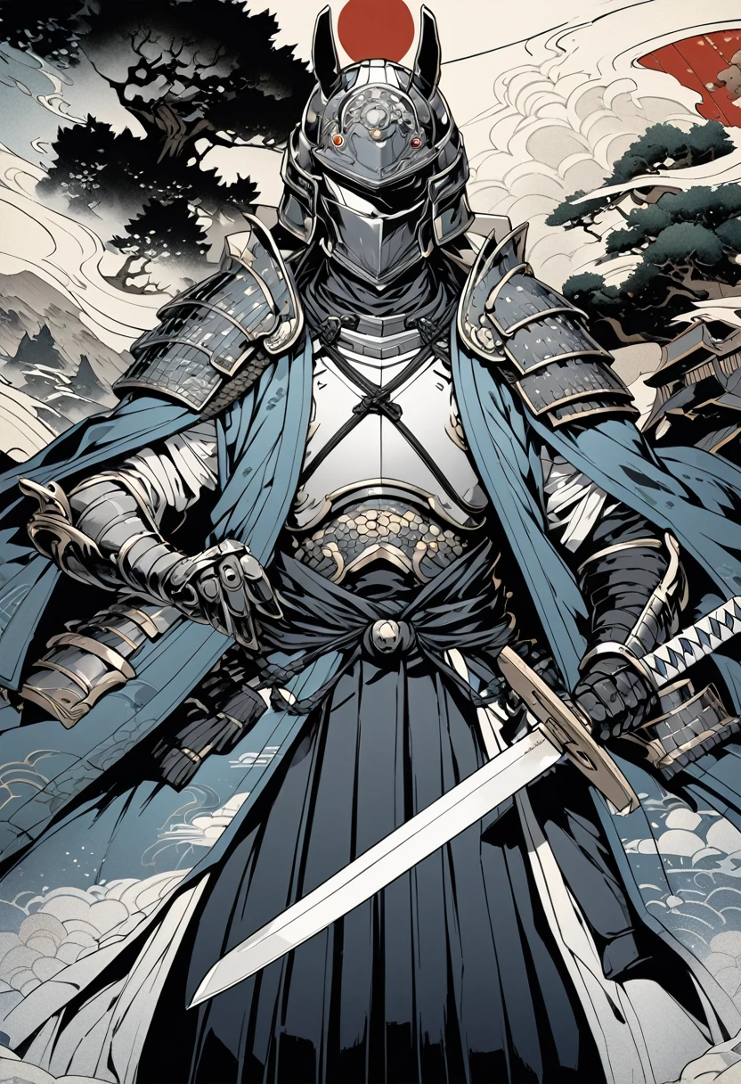 fusion of watercolors and oil paintings, fusion of paper cutting and shadow puppetry, mix of Japanese painting, ukiyo-e and woodblock prints, mix of monochrome and color, conceptual installation art, cool (helmet, armor, armor), samurai, haori and hakama, shiny Japanese sword, horizontal slash, (ultra detailed, absolutely resolution, best quality:1.3), 2.5D, delicate and dynamic, artistic, hyper, graphic CG digital art, background iridescent old Japanese paper