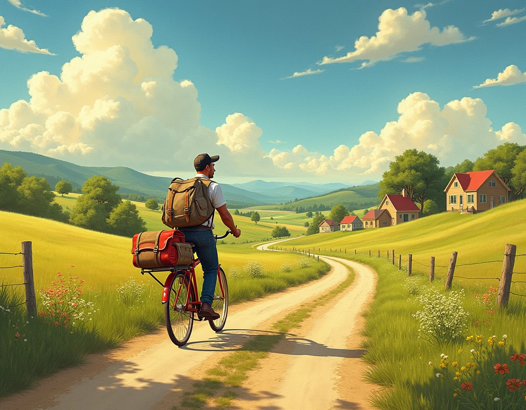 postman delivering by bicycle, good old american landscape painting, somewhat humorous, pastoral, Norman Rockwell style,