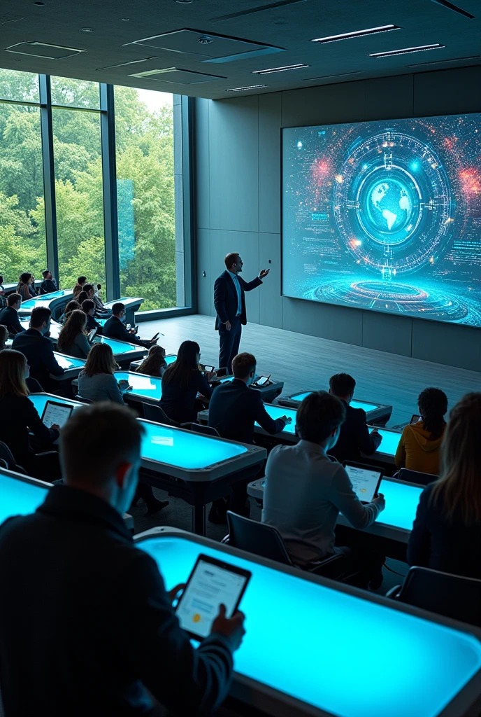 A lecture hall in a university in the near future, seen from a distance inside.