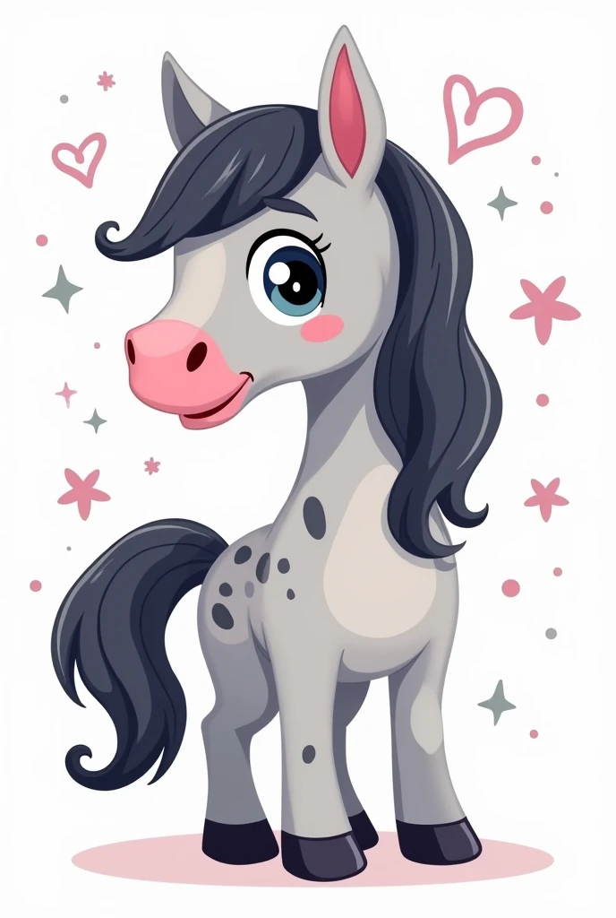 Illustration type cartoon sur fond transparent en se basant sur mon cheval (gris pommelé avec une tâche rose sur le bout du nez côté naseau gauche)
