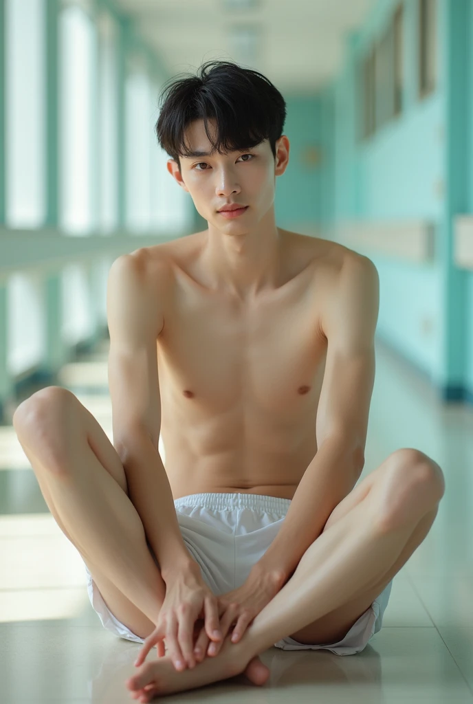 young man, 24 years old, Good looking, Looks like a Korean actor, หน้าตาเหมือน K pop idol, ใบหน้าhandsome, white skin, small mouth, Slender face, detailed face, very short hair, well care hair, teeth not shown, handsome, Confident eyes, fit, Broad shoulders, have abdominal muscles, naked, naked, Sitting with legs apart, Open your legs in a V shape., butthole exposed, Inside gigantic bright and clean hospital hallway as a background, bright, outdoor, likes to show off his penis, clearly shows the penis, There was one decent sized penis., Don&#39;t feel embarrassed., Was gangbanged for taking pictures, Slut, Shameless, exhibitionist, pose like prostitute, act as shameless nude model, expression of ecstasy/orgasmic, natural light, both eyes are the same, muscular, perfect eyes, nipples showed, penis exposed, Global illumination, tall, full body, tiny waist, soft light, dream light, digital painting, extremely detailed CGI, HD, 8k, 4k background,
