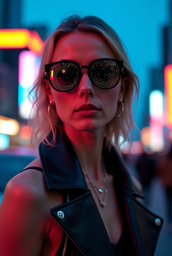 The model is wearing glass sunglasses with stars and the moon on the glass