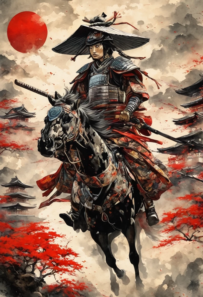 fusion of watercolors and oil paintings, fusion of paper cutting and shadow puppetry, mix of Japanese painting, ukiyo-e and woodblock prints, mix of monochrome and color, conceptual installation art, cool (helmet, armor, armor), samurai, haori and hakama, shiny Japanese sword, horizontal slash, (ultra detailed, absolutely resolution, best quality:1.3), 2.5D, delicate and dynamic, artistic, hyper, graphic CG digital art, background iridescent old Japanese paper