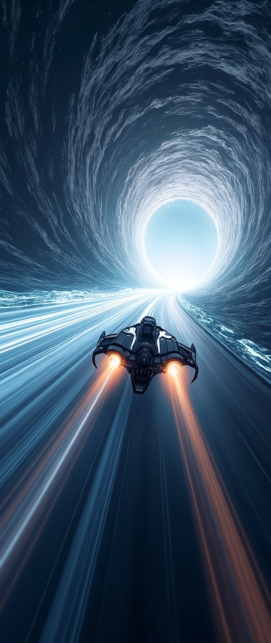(masterpiece:1.2,Highest quality,Super detailed,Realistic,Ultra-high Resolution Camera),8k,wallpaper,(Hyperspace navigation of an ultra-compact spaceship),(Shot from behind the spaceship:2.0),(Expressing ultra-high speed with a beautiful line of white light:2.0),(wormhole),universe space,Magnificent landscape painting,dynamic