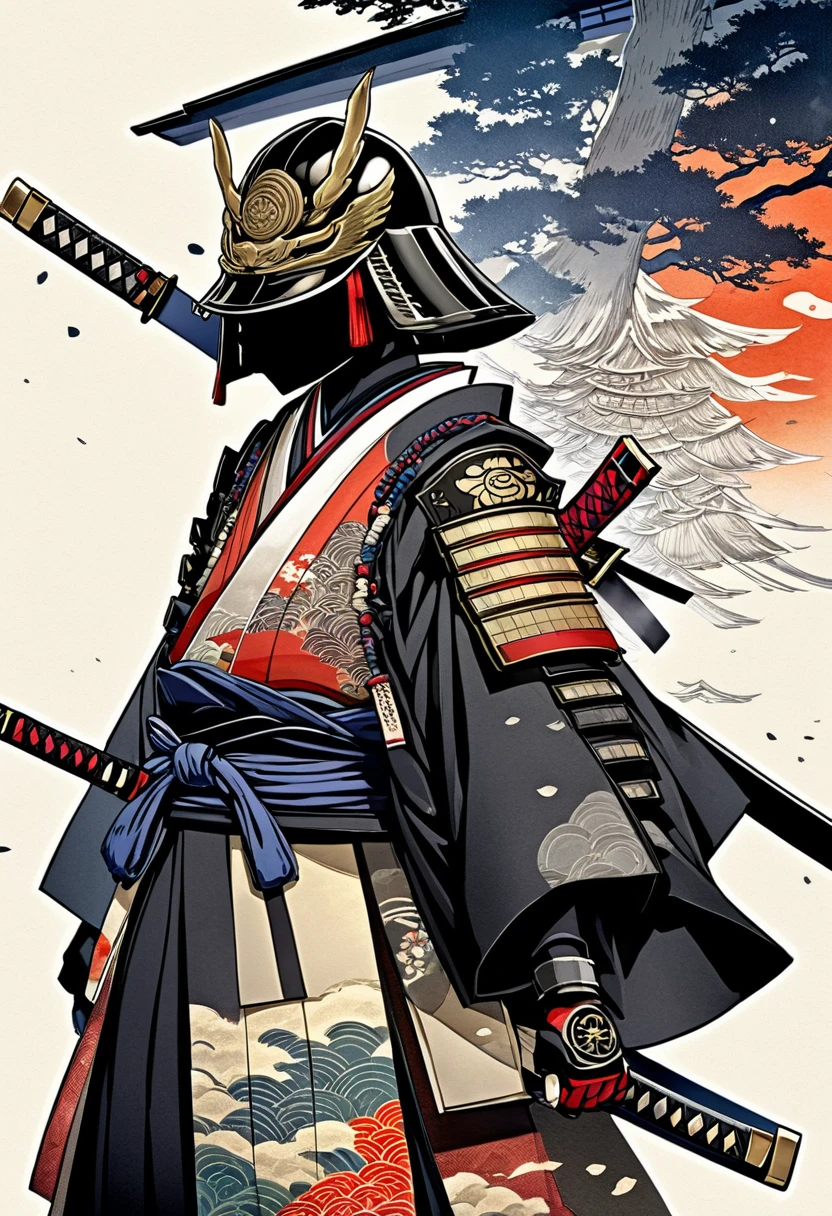 fusion of watercolors and oil paintings, fusion of paper cutting and shadow puppetry, mix of Japanese painting, ukiyo-e and woodblock prints, mix of monochrome and color, conceptual installation art, cool (helmet, armor, armor), samurai, haori and hakama, shiny Japanese sword, horizontal slash, (ultra detailed, absolutely resolution, best quality:1.3), 2.5D, delicate and dynamic, artistic, hyper, graphic CG digital art, background iridescent old Japanese paper