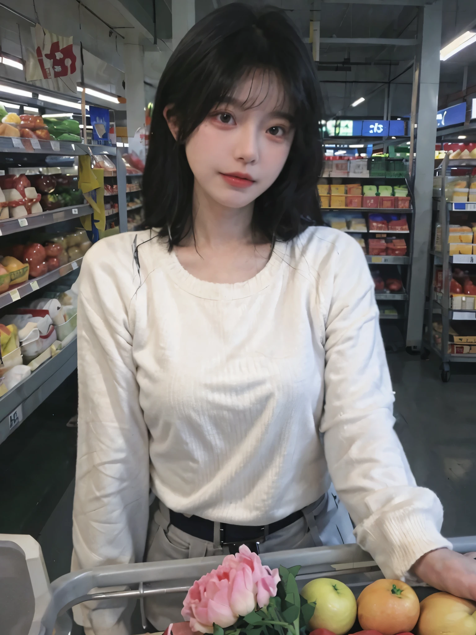 best quality,masterpiece,16K,Ultra-high resolution,(lifelike:1.4),1 girl,Sexy,(White sweater:1.4),(supermarket:1.2),(Upper body:1.4),