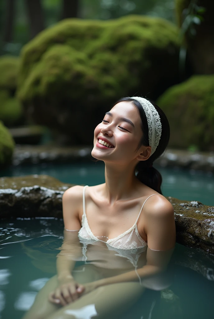 best quality, masterpiece, Ultra-high resolution, Supermodel takes a hot spring bath in Japan, outdoor hot spring, stone hot springs, surrounded by moss and trees, super beautiful face, pure body, Pores clearly visible, (Smile:0.8), Wear separates (Lace headband:1.2), (realism:1.5), original photo, wet body, covered in sweat, Bare shoulders, slightly exposed large chest，in the darkness, Deep shadows, Low profile, Cold Light