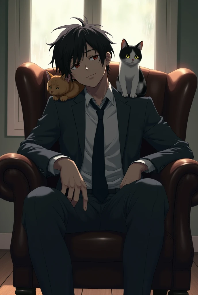 Anime man with suit and cats in his shoulder and sit down on chair with depression expression
