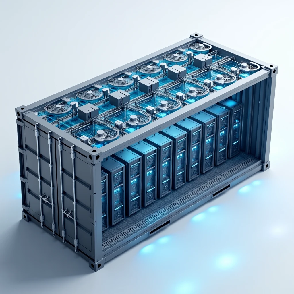 Create a 3D rendering of a modern datacenter container viewed from slightly above. The container is rectangular with a clean, industrial design. The long sides of the container should feature 20 midsize air fans each, arranged in two parallel rows. On one of the long sides, the air fans are positioned to pull air into the container. About 50 cm in front of these fans, install evaporative cooling pads mounted on a sturdy steel construction, adding an extra layer of cooling as the air enters the container. On the opposite long side, the fans are designed to expel air out of the container, showing a clear and efficient airflow system.
The view should be from above, with the roof of the container partially transparent to reveal the interior setup. Inside, the central area is filled with several rows of datacenter racks, neatly organized and filled with server equipment. The racks should be aligned to allow the cooled air to pass through them efficiently, ensuring optimal cooling for the equipment. The interior should have a high-tech appearance, with visible cables, blinking lights, and various technical components.
On one of the smaller sides of the container, include a secure, reinforced door, designed to allow controlled access to the interior. The overall mood should be realistic and slightly futuristic, with careful attention to detail in the design of the container, the cooling system, and the datacenter racks. Lighting should be cool and industrial, with subtle reflections on the metallic surfaces of the fans, racks, and steel construction.