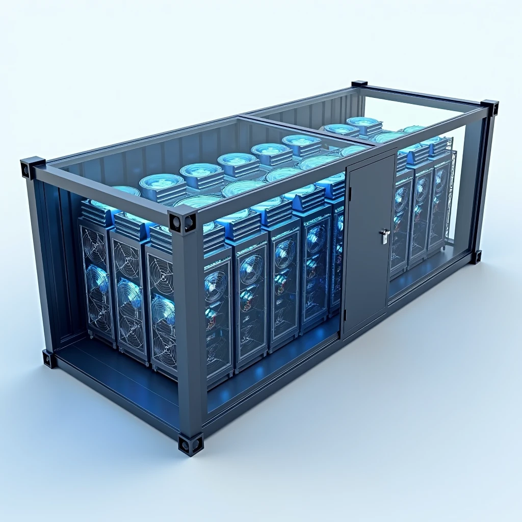 Create a 3D rendering of a modern datacenter container viewed from slightly above. The container is rectangular with a clean, industrial design. The long sides of the container should feature 20 midsize air fans each, arranged in two parallel rows. On one of the long sides, the air fans are positioned to pull air into the container. About 50 cm in front of these fans, install evaporative cooling pads mounted on a sturdy steel construction, adding an extra layer of cooling as the air enters the container. On the opposite long side, the fans are designed to expel air out of the container, showing a clear and efficient airflow system.
The view should be from above, with the roof of the container partially transparent to reveal the interior setup. Inside, the central area is filled with several rows of datacenter racks, neatly organized and filled with server equipment. The racks should be aligned to allow the cooled air to pass through them efficiently, ensuring optimal cooling for the equipment. The interior should have a high-tech appearance, with visible cables, blinking lights, and various technical components.
On one of the smaller sides of the container, include a secure, reinforced door, designed to allow controlled access to the interior. The overall mood should be realistic and slightly futuristic, with careful attention to detail in the design of the container, the cooling system, and the datacenter racks. Lighting should be cool and industrial, with subtle reflections on the metallic surfaces of the fans, racks, and steel construction.