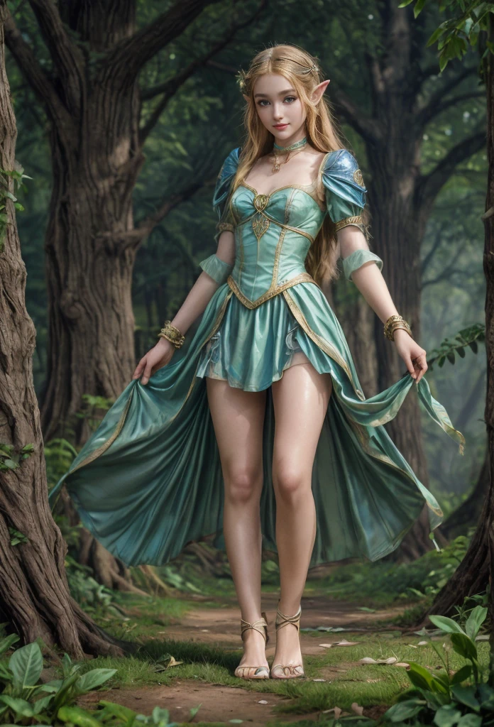 Princes Zelda, blue eyes, (best qualityer, ultra detail), (realisitic:1.37), beautiful and detailed face, ultra-realisitic texture, Exquisite face, Delicate body, red lipgloss stick, shiny colors. High definition, 8k, expression with a slight cute smile