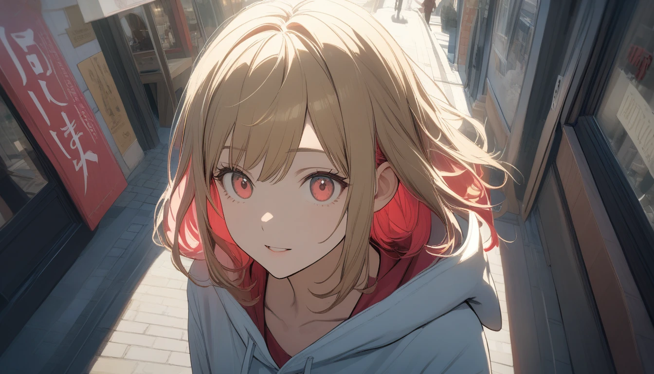 , (Large hoodie、Chopin)、(Golden hair color,Red pink inner color hairstyle), (Beautiful smooth hair), Facial Contour, Remember, Shopping Street, sunlight、splash, Lens flare,, Natural Color, High resolution, Very delicate, Very detailed, 8k,（A little tightness in the chest,About B cup）、Shyness,、Top view angle