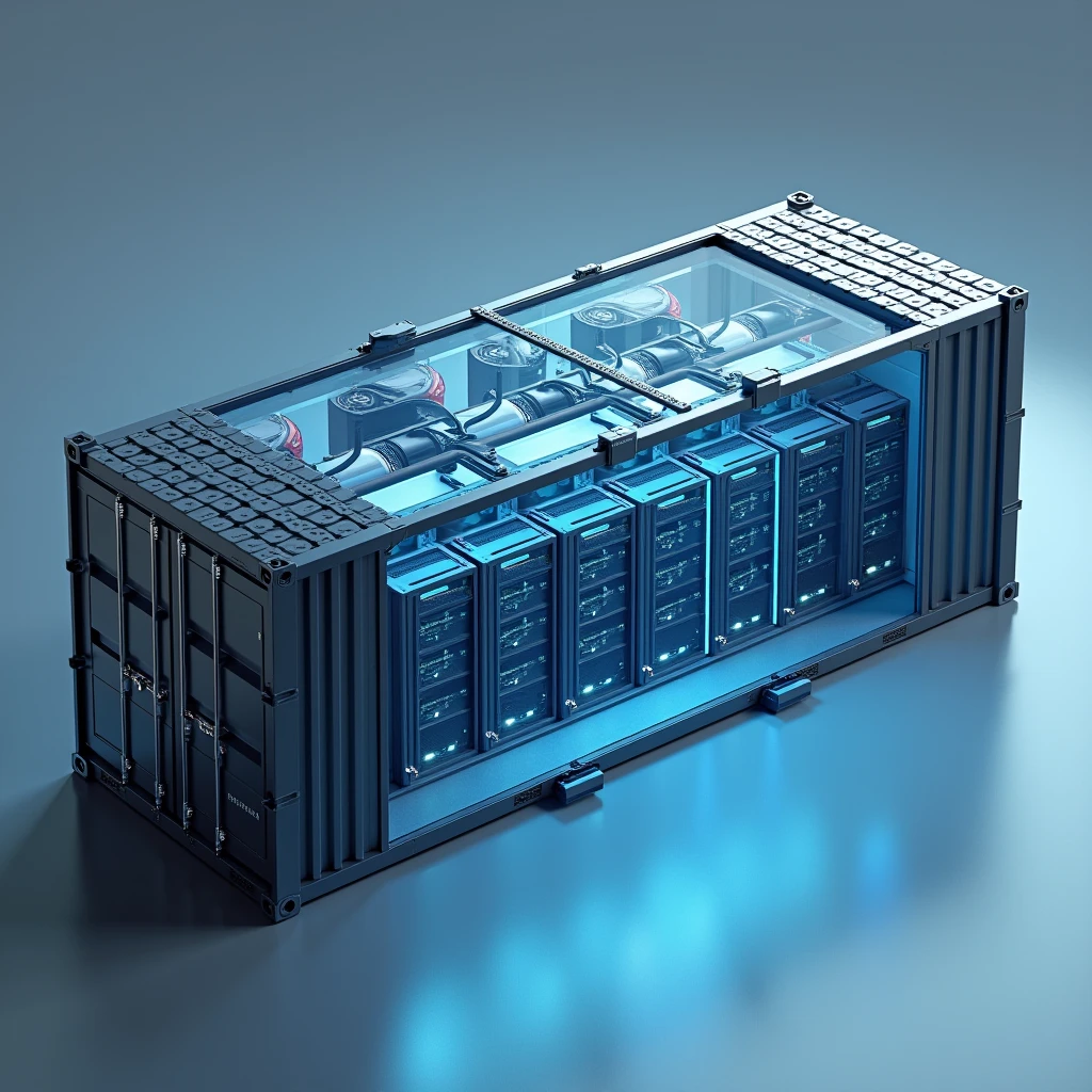 Create a 3D rendering of a modern datacenter container viewed from slightly above. The container is rectangular with a clean, industrial design. The long sides of the container should feature 20 midsize air fans each, arranged in two parallel rows. On one of the long sides, the air fans are positioned to pull air into the container. About 50 cm in front of these fans, install evaporative cooling pads mounted on a sturdy steel construction, adding an extra layer of cooling as the air enters the container. On the opposite long side, the fans are designed to expel air out of the container, showing a clear and efficient airflow system.
The view should be from above, with the roof of the container partially transparent to reveal the interior setup. Inside, the central area is filled with several rows of datacenter racks, neatly organized and filled with server equipment. The racks should be aligned to allow the cooled air to pass through them efficiently, ensuring optimal cooling for the equipment. The interior should have a high-tech appearance, with visible cables, blinking lights, and various technical components.
On one of the smaller sides of the container, include a secure, reinforced door, designed to allow controlled access to the interior. The overall mood should be realistic and slightly futuristic, with careful attention to detail in the design of the container, the cooling system, and the datacenter racks. Lighting should be cool and industrial, with subtle reflections on the metallic surfaces of the fans, racks, and steel construction.
