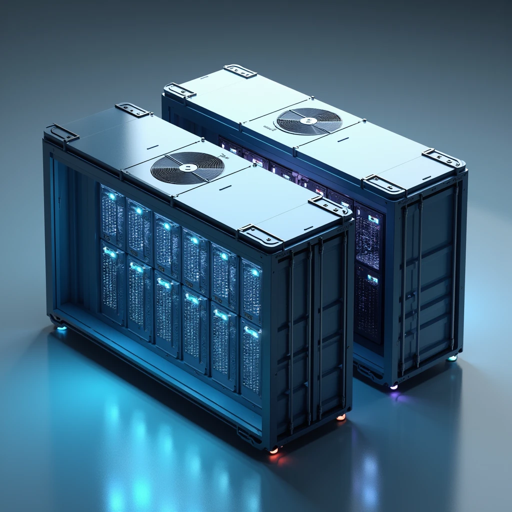 Create a 3D rendering of a modern datacenter container viewed from slightly above. The container is rectangular with a clean, industrial design. The long sides of the container should feature 20 midsize air fans each, arranged in two parallel rows. On one of the long sides, the air fans are positioned to pull air into the container. About 50 cm in front of these fans, install evaporative cooling pads mounted on a sturdy steel construction, adding an extra layer of cooling as the air enters the container. On the opposite long side, the fans are designed to expel air out of the container, showing a clear and efficient airflow system.
The view should be from above, with the roof of the container partially transparent to reveal the interior setup. Inside, the central area is filled with several rows of datacenter racks, neatly organized and filled with server equipment. The racks should be aligned to allow the cooled air to pass through them efficiently, ensuring optimal cooling for the equipment. The interior should have a high-tech appearance, with visible cables, blinking lights, and various technical components.
On one of the smaller sides of the container, include a secure, reinforced door, designed to allow controlled access to the interior. The overall mood should be realistic and slightly futuristic, with careful attention to detail in the design of the container, the cooling system, and the datacenter racks. Lighting should be cool and industrial, with subtle reflections on the metallic surfaces of the fans, racks, and steel construction.