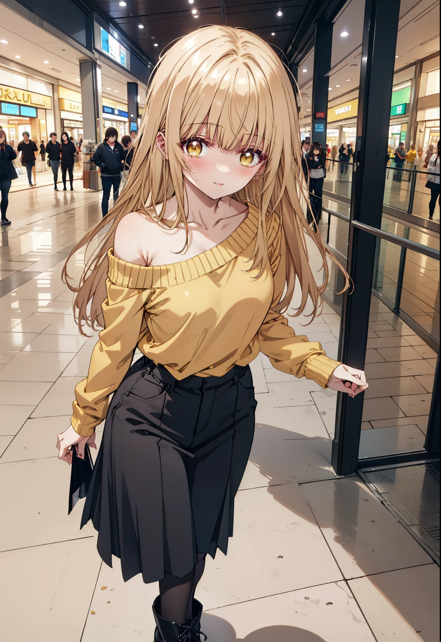 mahirushiina, mahiru shiina, Long Hair, bangs, Blonde, Brown Hair, (Yellow Eyes:1.3), smile,One-shoulder sweater,Long skirt,Black pantyhose,short boots,Walking,whole bodyがイラストに入るように,
break indoors, Shopping mall,
break looking at viewer, whole body,
break (masterpiece:1.2), Highest quality, High resolution, unity 8k wallpaper, (figure:0.8), (Beautiful attention to detail:1.6), Highly detailed face, Perfect lighting, Highly detailed CG, (Perfect hands, Perfect Anatomy),