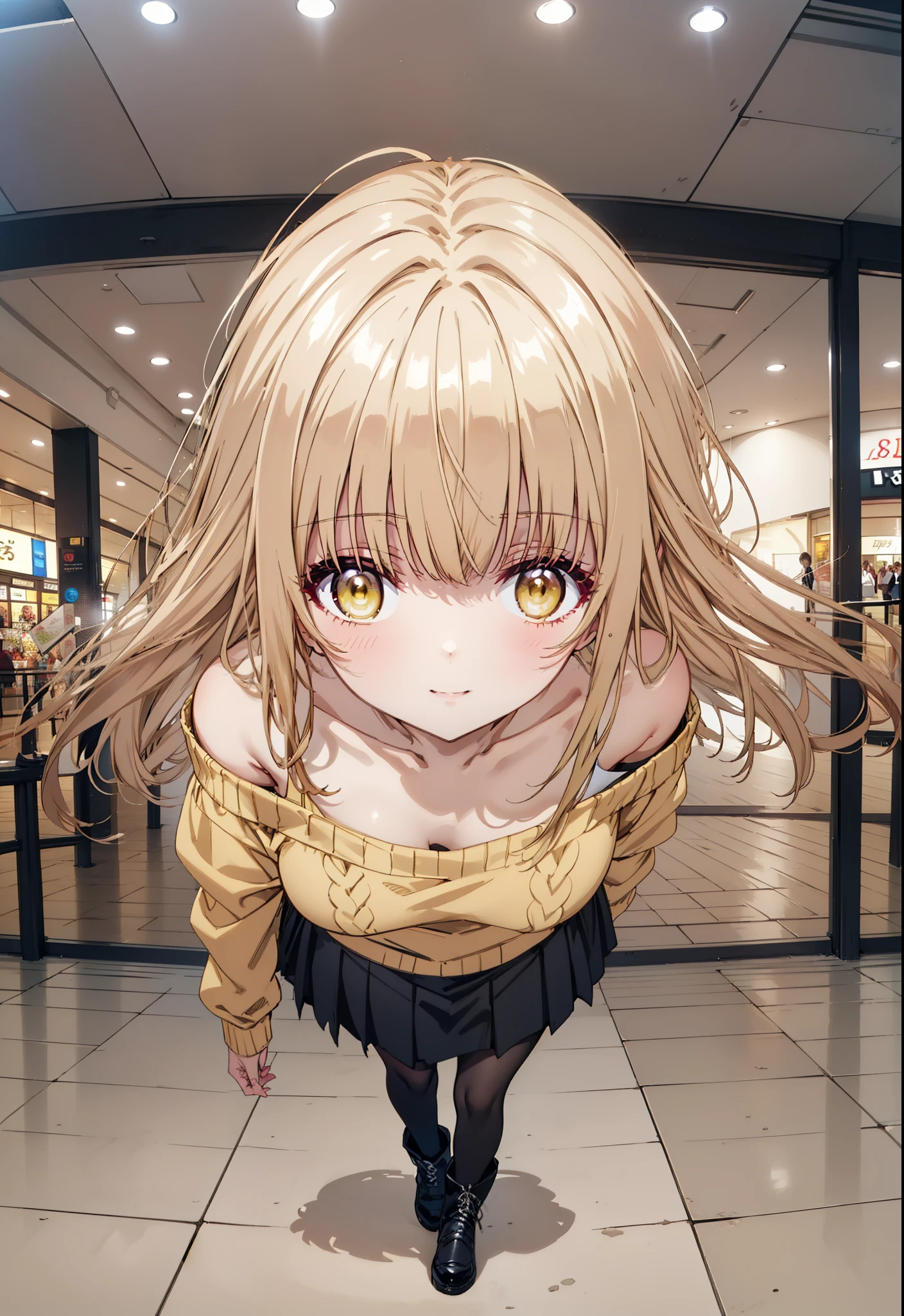 mahirushiina, mahiru shiina, Long Hair, bangs, Blonde, Brown Hair, (Yellow Eyes:1.3), smile,One-shoulder sweater,Long skirt,Black pantyhose,short boots,Walking,whole bodyがイラストに入るように,
break indoors, Shopping mall,
break looking at viewer, whole body,
break (masterpiece:1.2), Highest quality, High resolution, unity 8k wallpaper, (figure:0.8), (Beautiful attention to detail:1.6), Highly detailed face, Perfect lighting, Highly detailed CG, (Perfect hands, Perfect Anatomy),