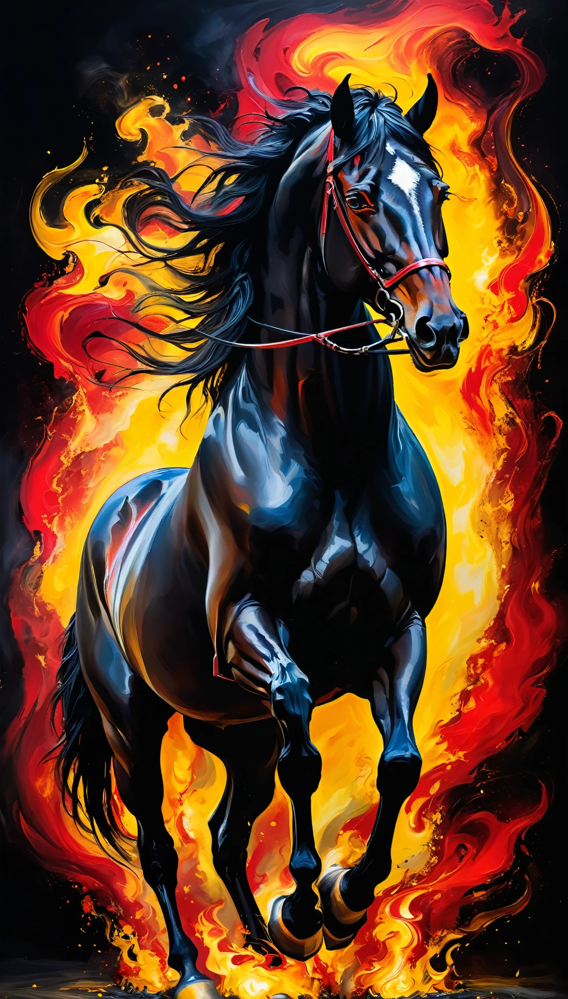 in style of Aliza Razell
Absurd artistic,dynamic balance,dark background,a black horse,red eyes,rake the front hoof high,looking to the viewer,red flame,yellow gas,rotating gas and flame,expressive flame and horse eyes,full of complex palette combinations,artistic,weird,dynamic equilibrium,the influence of freehand brushwork