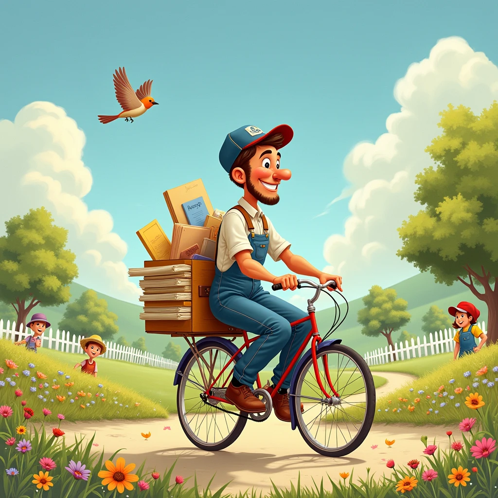 postman delivering by bicycle, good old american landscape painting, somewhat humorous, pastoral, Norman Rockwell style,