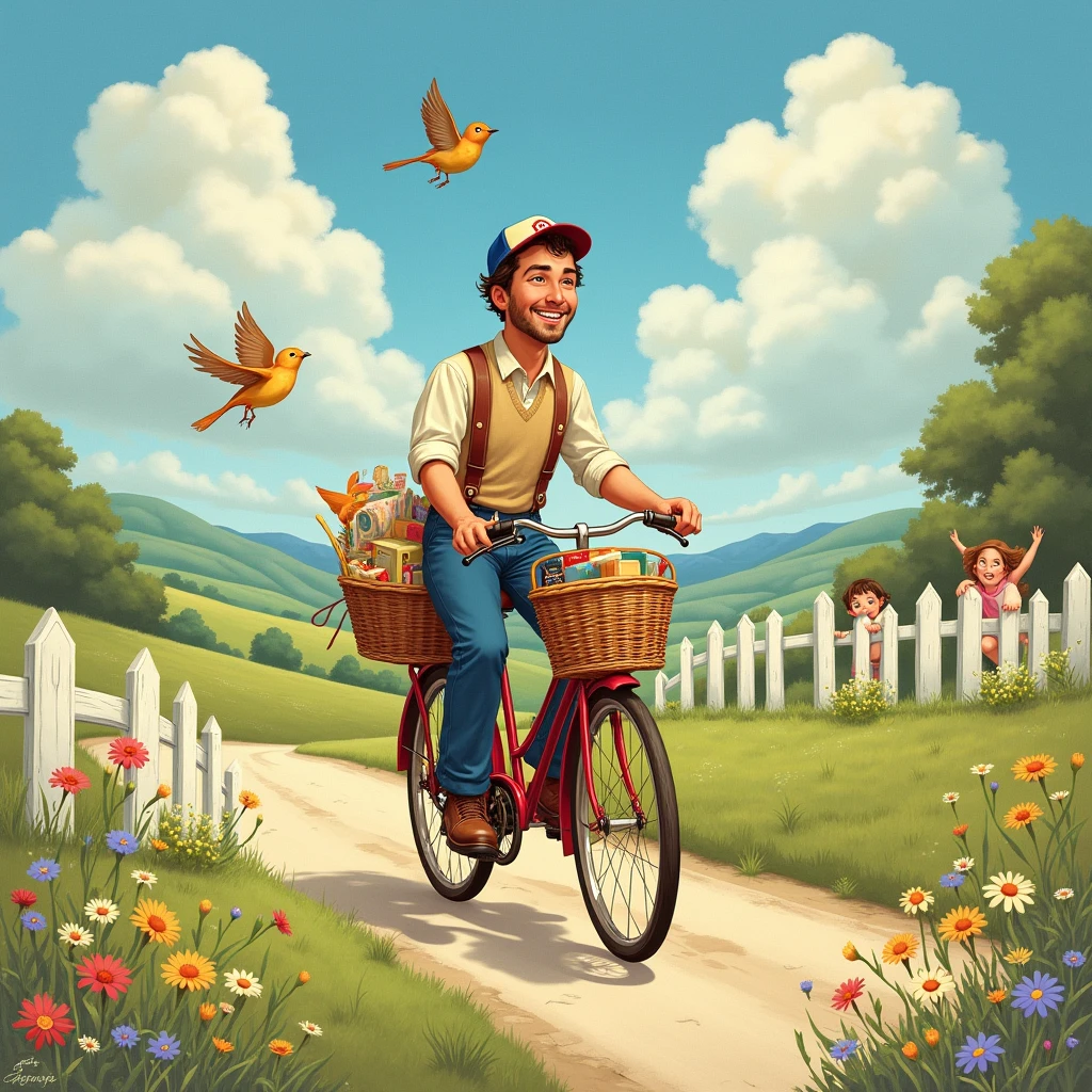 postman delivering by bicycle, good old american landscape painting, somewhat humorous, pastoral, Norman Rockwell style,