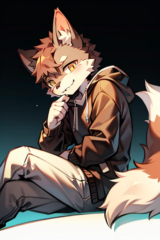 masterpiece,Bright eyes, panoramic, character focus, Solitary, Hairy male wolf, Off-white fur, No同颜色的眼睛,Casual Clothing,Young Style,Cold attitude,Height 1.7 meters,Very handsome, Has a tail,Rest, rest, rest,No,Vector,Line Art,cute