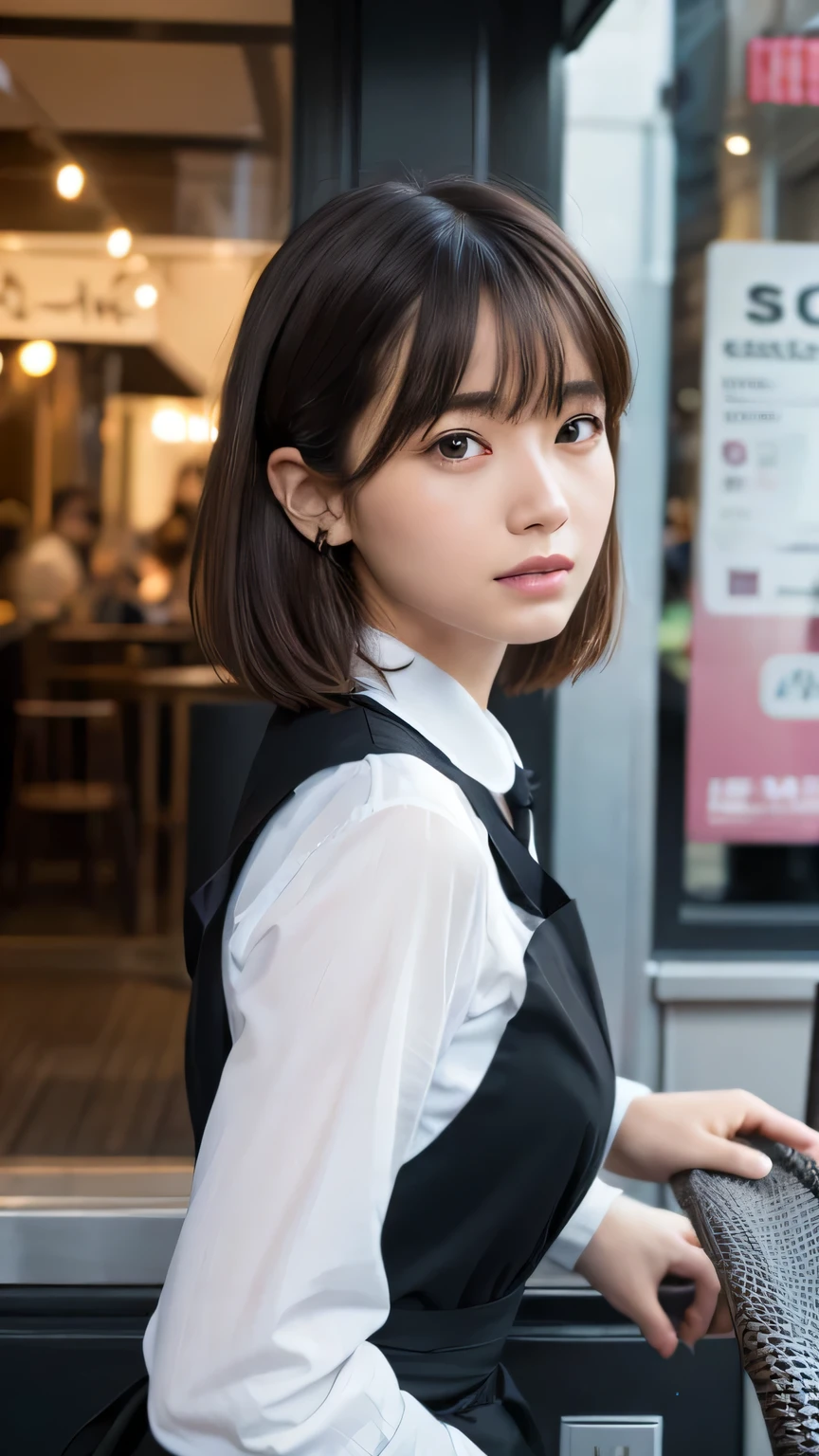 (Ultra-realistic), (figure), (High resolution), (8k), (Very detailed), (Best figure), (Beautiful and detailed), (Highest quality), (Super detailed), (masterpiece), (wallpaper), (Detailed face), alone, One Girl, watching viewer, Cafe staff、apron，Cafe latte、Less exposure、Fine details, Detailed face, In the Dark, Deep Shadow, Modest, Pure Erotic Face Ace_v1, cool, short hair, Pointed diagonal bangs，Aoyama Street