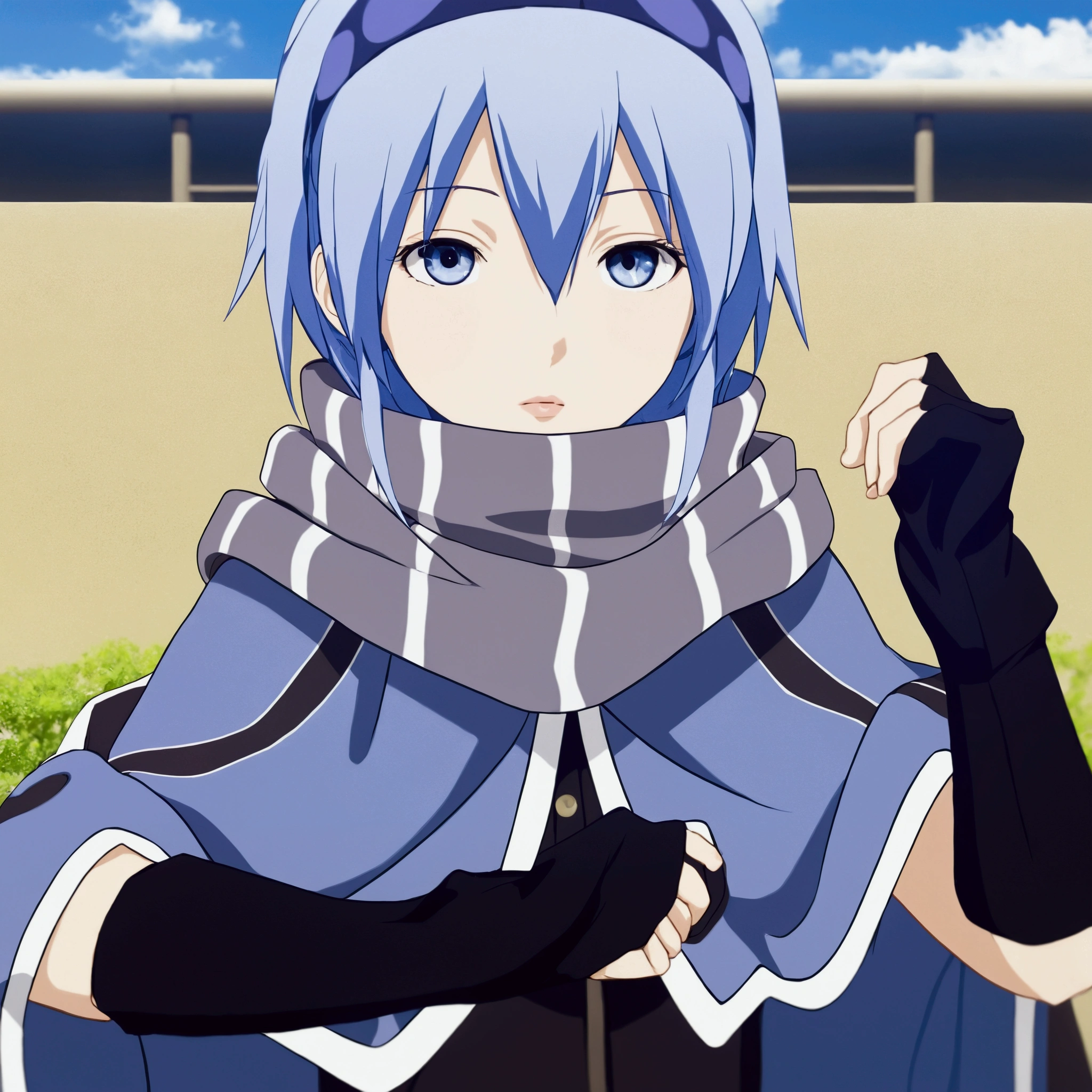 Create a realistic, human-like version of the anime character from the reference image. Maintain the character’s original features such as light blue hair and cool-toned clothing, but adapt these to a more lifelike appearance. The character should have natural skin tones, more detailed facial features with expressive eyes, and hair that appears soft and textured. The clothing should also be adapted to look like real fabric, with intricate details and natural folds. The overall style should be semi-realistic, blending anime aesthetics with a more human-like representation