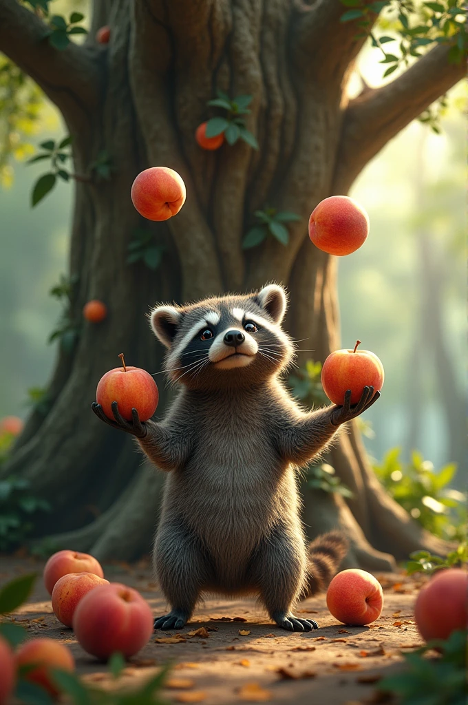 Realistic-looking raccoon juggling 4 peaches, In the background, a tree with 40 carved