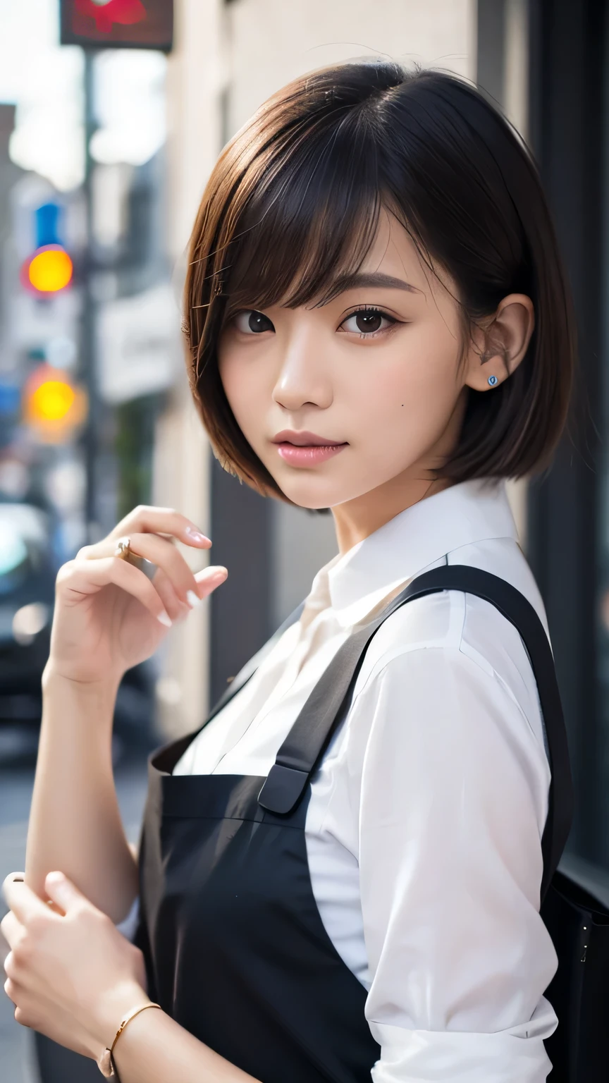 (Ultra-realistic), (figure), (High resolution), (8k), (Very detailed), (Best figure), (Beautiful and detailed), (Highest quality), (Super detailed), (masterpiece), (wallpaper), (Detailed face), alone, One Girl, watching viewer, Cafe staff、apron,Cafe latte、Less exposure、Fine details, Detailed face, In the Dark, Deep Shadow, Modest, Pure Erotic Face Ace_v1, cool, short hair, Pointed diagonal bangs,Aoyama Street