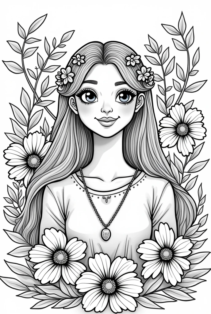 Give me a cute and fantastic lady coloring book pages flowers background no color no grayscale no shadow high details but the design is simple and bold 