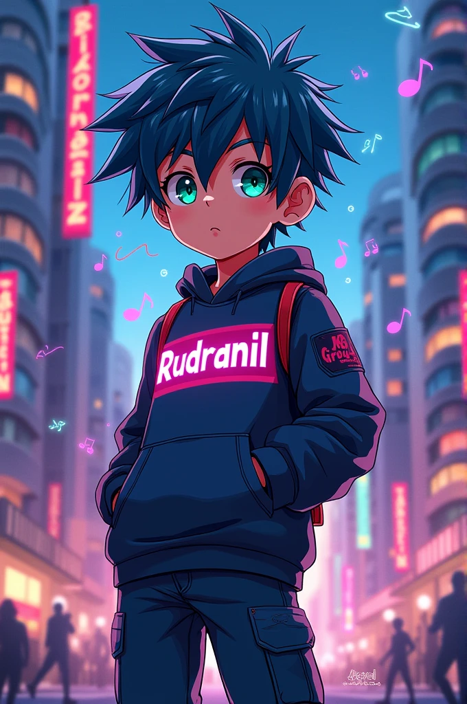 Give me a image of a anime boy who wearing a cloth which is written Rudranil 
