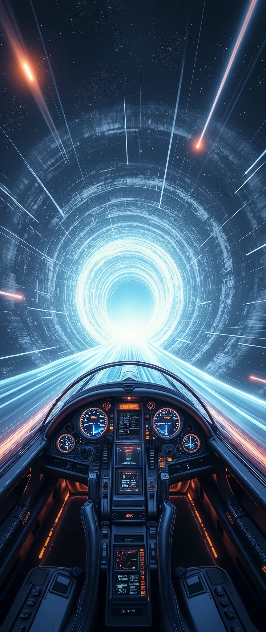 (masterpiece:1.2,Distinguished Quality,Mirror-like,Cinematic Experience),8k,wallpaper,The view from the cockpit of a spaceship traveling at warp speed,(Expressing ultra-high speed with a beautiful line of white light:2.0),(wormhole),universe space,Magnificent landscape painting,(Drawing of the spaceship cockpit:2.0),dynamic