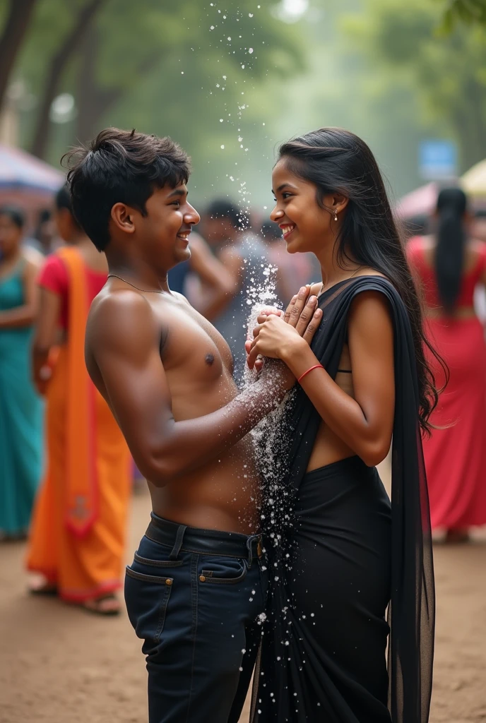 a real Indian 23 year old boy 16 year old beautiful slim girl have a big boobs and showing cleavage in black trancperant saree, without any blouse and bra , boy chatching a watter botel hands and water falling on girl's brest, and girl are smile wearing white transparent t-shirt there are some other people on the road, front facing , the background behind the boy and girl is blurred, beautiful realistic photo, very beautiful photo, 4k hd realistic image.