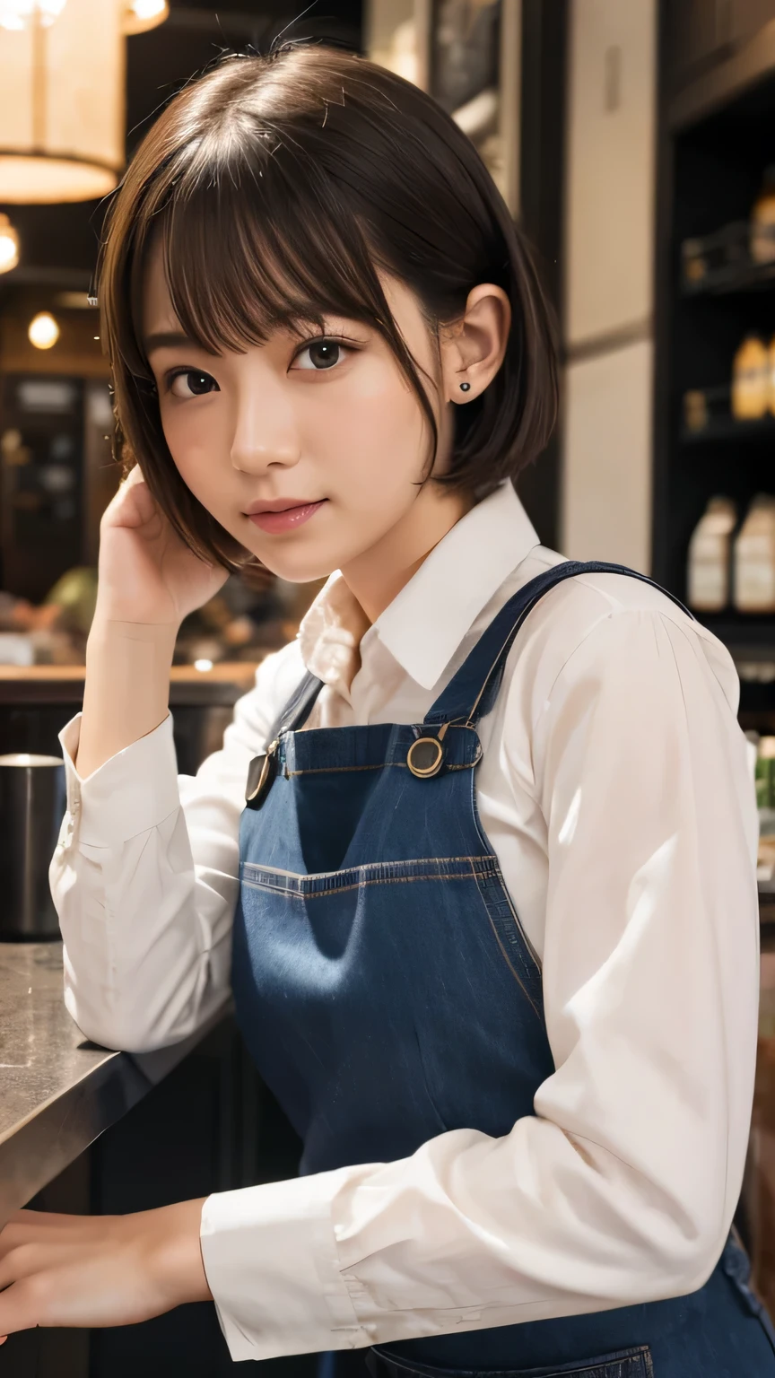 (Ultra-realistic), (figure), (High resolution), (8k), (Very detailed), (Best figure), (Beautiful and detailed), (Highest quality), (Super detailed), (masterpiece), (wallpaper), (Detailed face), alone, One Girl, watching viewer, Cafe staff、apron,Cafe latte、Less exposure、Fine details, Detailed face, In the Dark, Deep Shadow, Modest, Pure Erotic Face Ace_v1, cool, short hair, Pointed diagonal bangs,Aoyama Street